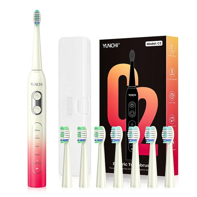 YUNCHI ultrasonic electric toothbrush with 5 operation modes and 40000 high-frequency vibrations.USB charging, waterproof