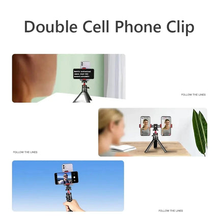 360° Rotatable Dual Cell Phone Holder Clip Clamp 4 Cold Shoe, 1/4'' Screw Tripod Monopod Selfie Stick Vlog Live Streaming Video