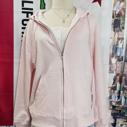 Pink Sweet Oversized Hoodie Autumn Long Sleeve Hooded Zip-up Cotton Sweatshirt Casual Simple Preppy Style Cute Hoodies Top Woman