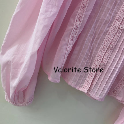 2025 Woman Pink Lace Embroidered Shirt Stand Collar Long Sleeved Hollow Out Buttons Up Matching Layered Shorts Skirts 2pcs set