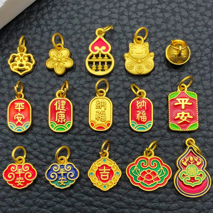 10/15pcs Antique & Sand-Gold Alloy Pendants for Wealth, Prosperity, and Good Fortune. DIY Chinese-style Charms for Bracelets