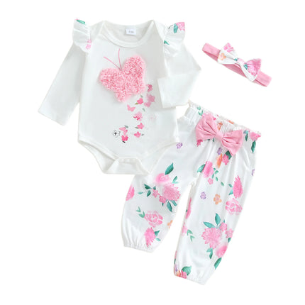 Baby Girls Fall Outfit Long Sleeve Butterfly Print Romper with Floral Pants and Bowknot Headband Clothing Set