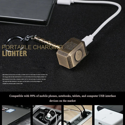 Creative Windproof USB Electric Rechargeable Lighter Thor Hammer Zinc Alloy Flameless Keychain Lighter Men's Smoking Gift