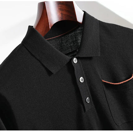 Spring and Summer New Polo Collar 100% Fine Wool Short Sleeve Men's Business Casual T-Shirt with Turn-down Collar and Pocket