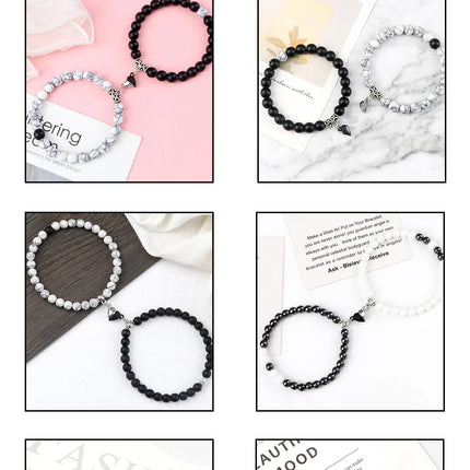 2Pcs/Set Sliver Black Color Magnet Pendant Bracelets 6MM 8MM White Porcelain Black Line Beads Couple Bracelet Jewelry Gift New