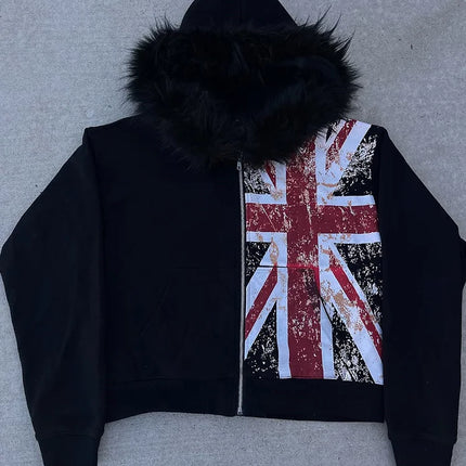 Winter Punk Style Distressed Union Hoodie women Fashion Retro Grunge Zip-up Sweatshirt Streetwear Oversized Hooded 2025 New