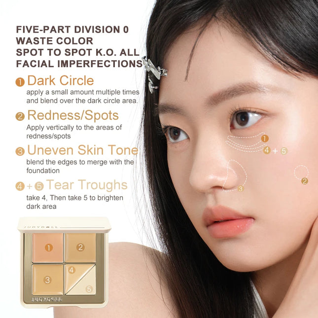 Judydoll 5-Color Concealer Palette, Salmon Tone for Dark Circles & Spots, Brightening & Perfecting Face, Smooth Coverage