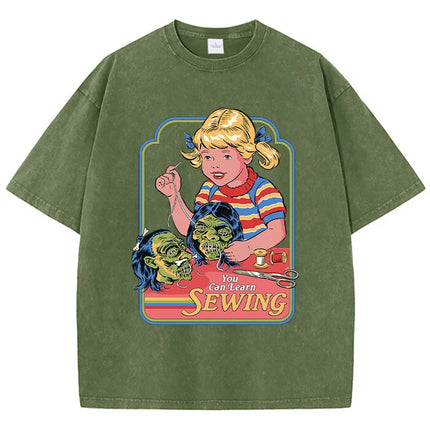 You Can Learn Sewing Print Women Distress T Shirt Summer Breathable Wash Tshirt Street Fashion Tees Casual Sport Cool T-Shirts