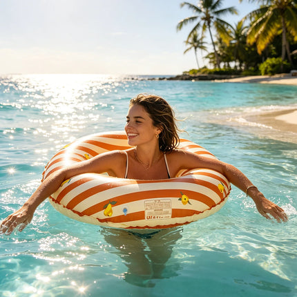 Inflatable Swim Ring ,Orange Striped Lemon Print Pool Floats Tube, Summer Water Toy for Adults Beach Pool Party