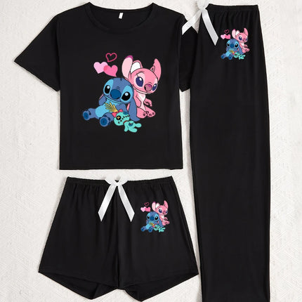 Disney men's and women's Stitch sleepwear 3-piece set, casual and cute short sleeved top, long pants, home wear