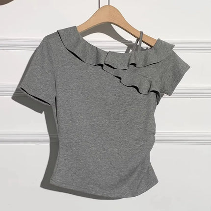 2026 New Style Ruffle Sloping Shoulder Short-sleeved T-shirt Sexy Exposed Collarbone Unique Design Top for Women