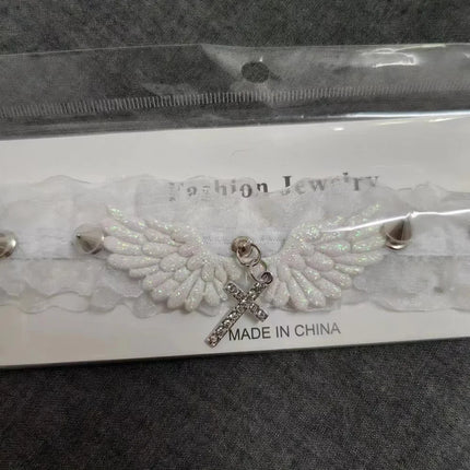 Sexy Black White Lace Lolita Choker Goth Crystal Cross Pendant Angel Wings Rivet Necklace for Women Charm Party Jewelry Gift
