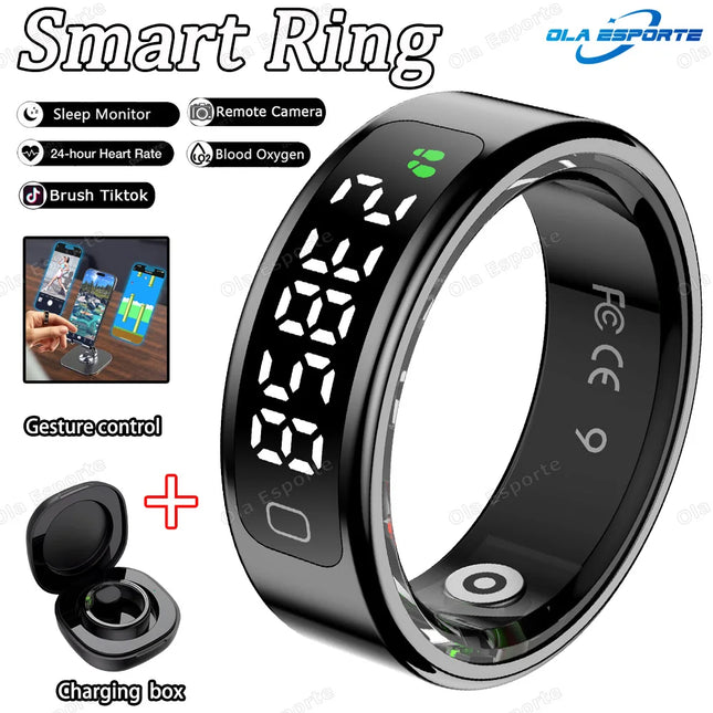 Smart Ring with Charging Case, Display Screen and Touch, Zikr Tasbih Counter, Heart Rate Blood Oxygen, Waterproof Rings 2025 New