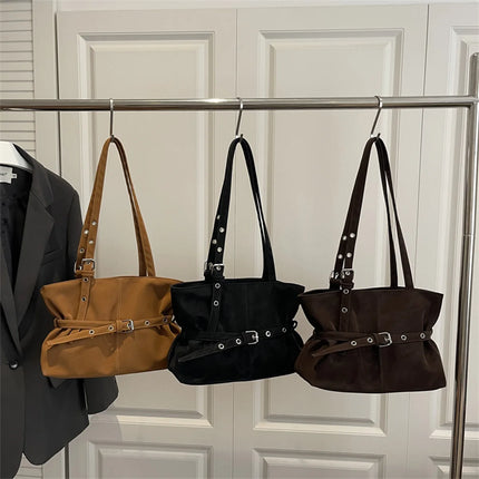 Minimalist Solid Color Tote Bag PU Belt Buckle Detail Lightweight Suede Zipper Large Spacious Shoulder Bag for Travel Commute