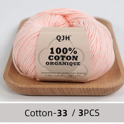 3PCS 100% Organic Cotton Yarn Machine Washable For Adult Baby Sweaters/Gloves/Scarves/Hats Etc. 50 gr (1.76 oz) 125 m (136 yrd)
