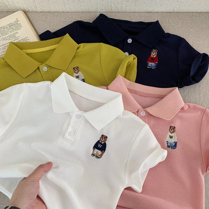 Children's Summer Polo Shirt Cartoon Bear Print Baby Collar Short Sleeve Unisex Kids' Fashion Top for Boys And Girls