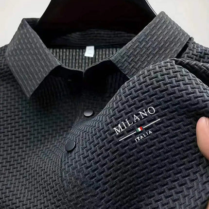 Mens Milano Italia Letter Jacquard Polo Shirt Breathable Quick Dry Fabric Casual Business Outdoor Daily Short Sleeve Top