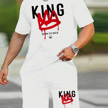 New Men's Short Sleeve Shorts Set Fashion King Printed T-Shirt Shorts 2 Sets of Casual Round Neck Jumper Breathable Sportswear