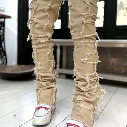 Streetwise Stretch Patch Jeans For Men Bottom Baggy Men's Clothing Summer Solid New Fashion Mid Waist Patchwork Long Pants Male