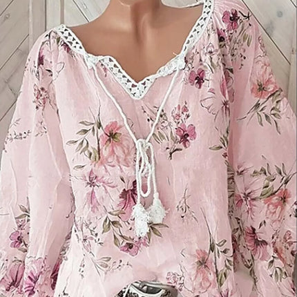 2026 Europe and the United States spring and summer new women's top V-neck splicing print large size long-sleeved shirt women