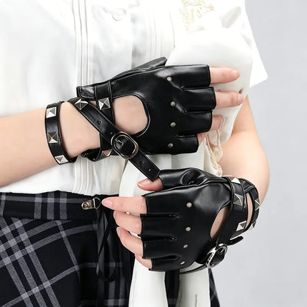Punk Style Willow Nail Leather Half Finger Gloves for Women Cool Sexy Rock Dance Gloves Sexy Wrist Wrapping Hollow Gothic Gloves