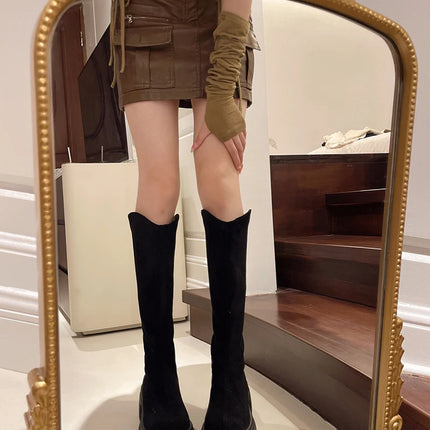 New Vintage Women Stretch Slim High Boots Fashion Back Zippers Shoes Autumn Winter Thick Heel Ladies Knight Long Booties 2025