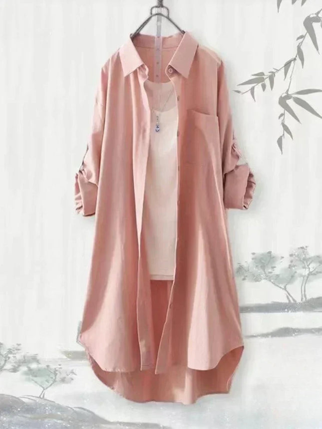 Plus Size Women Simple Long Sleeve Blouse Chic Korean Style Loose Fit Breathable Shirt Casual Autumn Solid Color Midi Tunic Tops