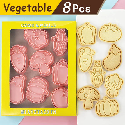 8Pcs Animal Cat Rabbit Dinosaur Cookie Cutter Fruits Cookie Stamp Car Biscuit Molds for Baking, Fondant, Cheese, and Pastries