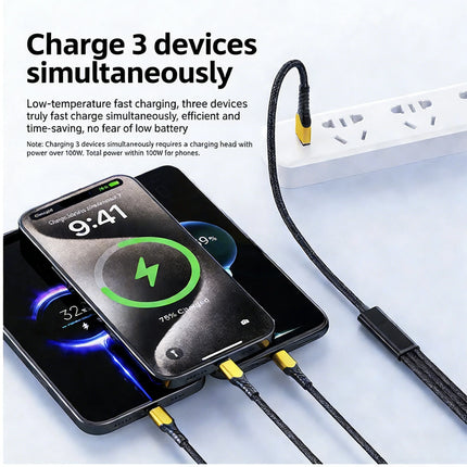 100W 3 in 1 USB C Type c to 3 Type C Fast Charging Cable for iphone 17 16 15 Pro max Huawei Xiaomi Samsung