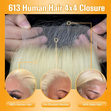 613 Straight Closure 4x4 Transparent Lace Blonde Closure Brazilian Remy Human Hair Lace Closure Pre Plucked for Women Free Part