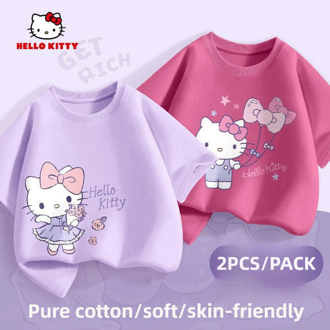 (2 Pieces Per Pack) Sanrio Summer Baby Girls 100% Cotton Clothes Kid Children Girl Hello Kitty Printed T-shirts Short Sleeve Top