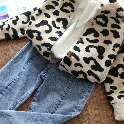 Girls' Cardigan Jacket Knitted Sweater Stylish Leopard Print Little Girl Jacket Baby Jacket Spring and Autumn New Trendy Style