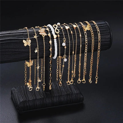 14 Pcs/Set Fashion Metal Butterfly Heart Pendant Anklets Set Bohemia Vintage Pearl Foot Bracelet Beach Woman Jewelry Gifts 2025