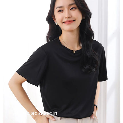 Summer Women's Short Sleeve O-Neck T-Shirt Knitted Acetate Fabric High-End Thin Pullover Top for Ladies