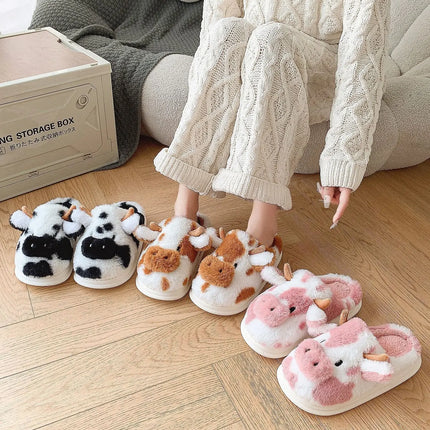 Pallene Cow milk Fuzzy Slippers Women Winter Cartoon Fur Slippers Soft Cozy Plush House Shoes Female Bedroom Cute Furry Slides