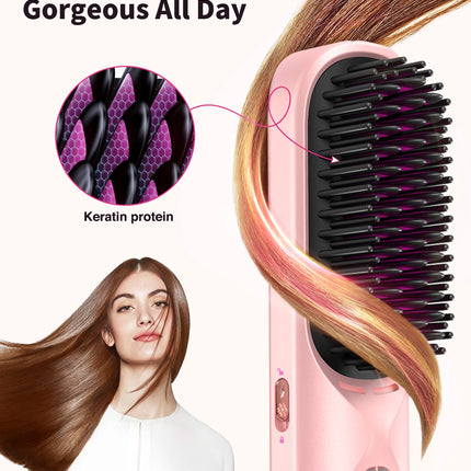 Cordless Hair Straightener Brush 10,000mAh Portable 300M Negative Ions for Frizz-Free Shine Fast Heating, Gift for Women