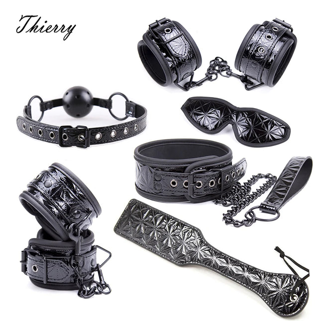 Thierry Crimson/Black Tied Ultimate Bondage Kit, Blindfold, Ball Gag, Collar, Wrist and Ankle Cuffs, Paddle Spanking Sex Toys