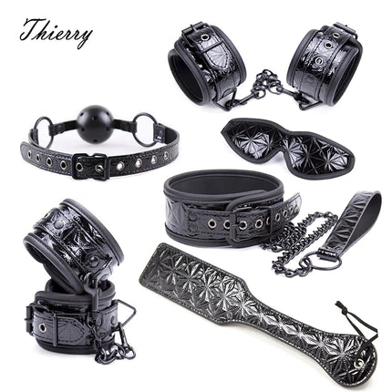 Thierry Crimson/Black Tied Ultimate Bondage Kit,Blindfold, Ball Gag, Collar, Wrist and Ankle Cuffs, Paddle Spanking Sex Toys