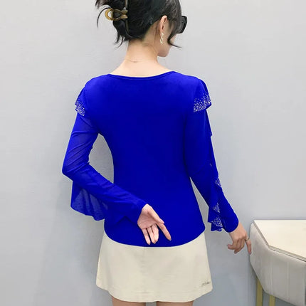 2025 Autumn New Style Mesh Tops Korean Fashion Round Neck Ruffles Shirt Lotus Leaf Edge Hot Diamond Long Sleeve Women T-Shirt