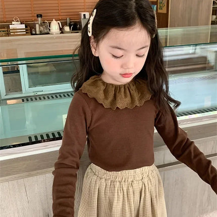 1-12 Years Long-Sleeved Shirts Children's Spring Knitted Tops Baby's Lace 2025 Lace Base Shirt Korean Girls Ruffle Collar T-shirt