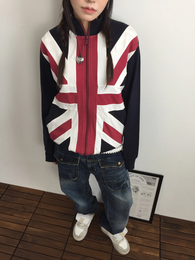 Black Union Jack Patchwork Zip Up Hoodie Men Women Flag Pattern Heavy Detail Streetwear Casual Long Sleeve Fashion Jacket Coat