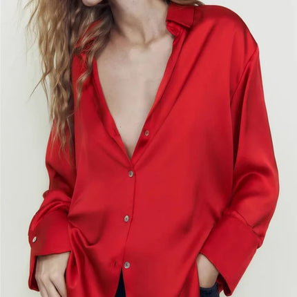 Classic Silk Satin Feel Shirt New Spring Collection Long Sleeve Polyester Fabric Women's Premium Fashion Regular Length