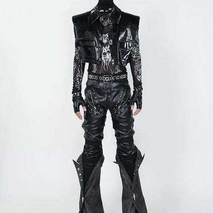 Mauroicardi Spring Skinny Black Pu Leather Motorcycle Pencil Pants for Men with Detachable Leg Covers Alternative Punk Clothes