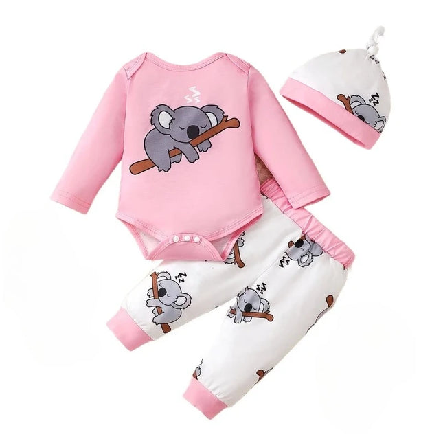 Newborn Baby Girl Clothing Set Cute Koala Long Sleeve Top + Pants + Hat 3PCS Outfits for 1-18 Months Infant Girl Spring & Autumn Wear