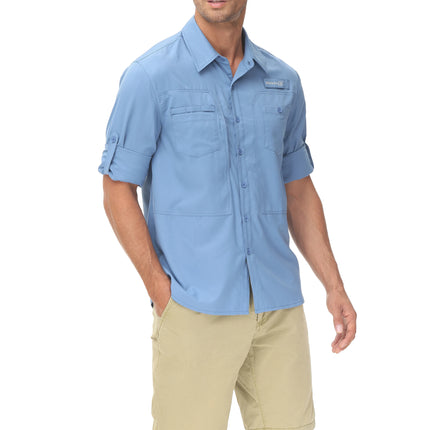 Summer Men's UPF 50+ Casual Long Sleeve Fishing Shirts, Lightweight Tactical Button Down Shirt with Breathable Back Mesh