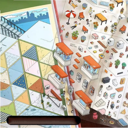 Mr.Paper 1 Book + 1 Tweezer 9.0 Miniature Scene Diorama Sticker Book, Cartoon House DIY Stress Relief Stickers for Journal