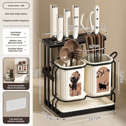 Kitchen Utensil & Knife Holder with Drain Tray Wall Mount Chopstick Cutlery Storage Rack for Countertop