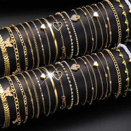 40-Piece Set/20-Piece Set/7-Piece Set Elegant Daily Vacation Metal Material Women's Gold Anklet Set Heart Butterfly Pendant Seaside Vacation Daily Party Wear Fashion Jewelry Popular Accessories