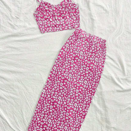 Summer Tops Women's Dress 2 piece suit swimsuit seaside vacation printed suspender Backless Slim top side slit skirt Party Dress