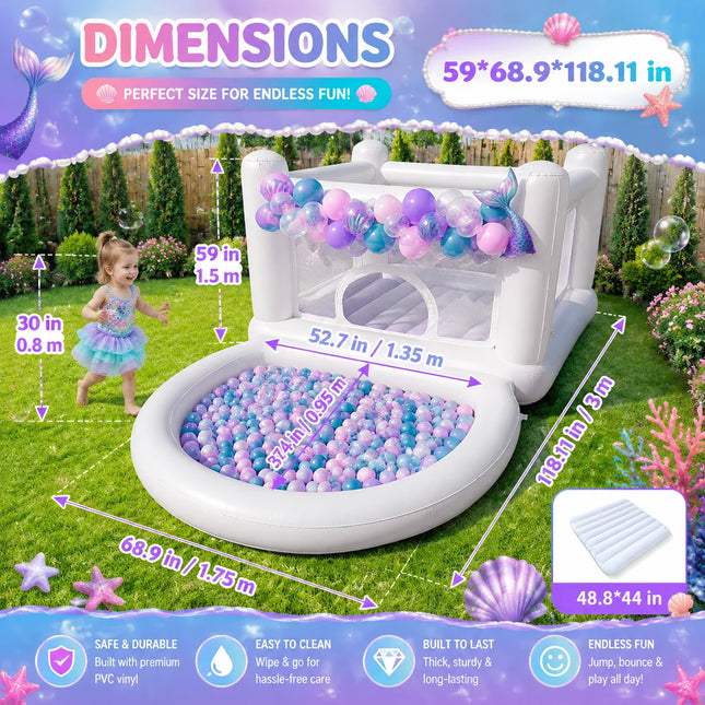 White Color Mini Size Inflatable White Bounce House with Ball Pit for Toddlers Airtight Bouncy Castle Portable for Kids Ages 3-6 Party Event Decoration Gift Indoor Outdoor Celebrations